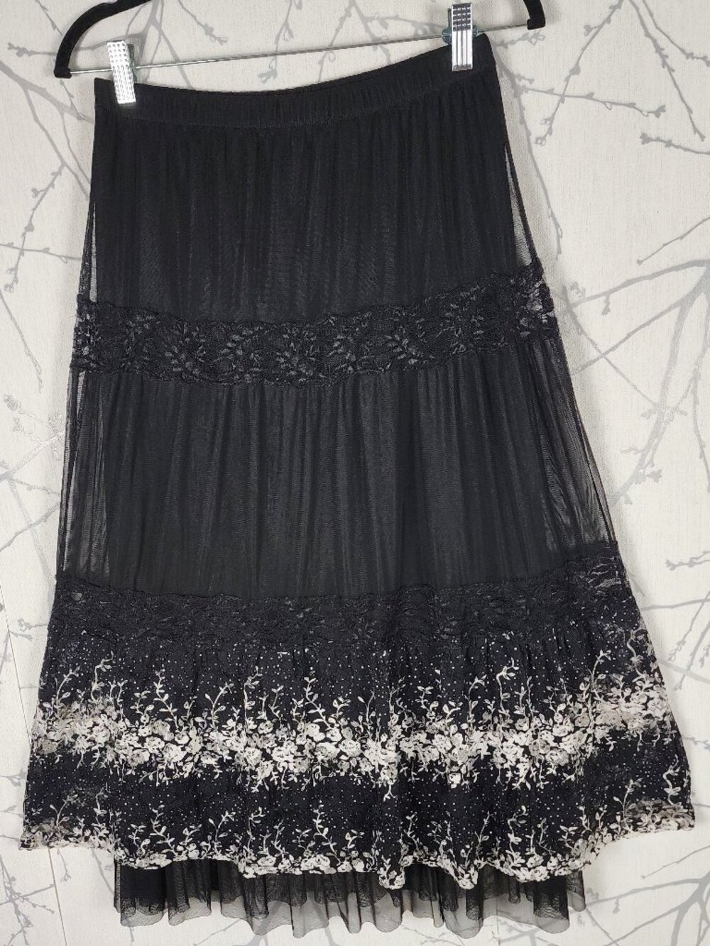 Moine USA Floral Lace Mesh Tiered Flowy Long Skirt